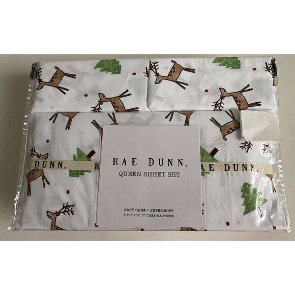 Rae Dunn Reindeer Christmas Tree Soft Queen Size Sheet Set Holiday 4 Piece NEW - Picture 1 of 14